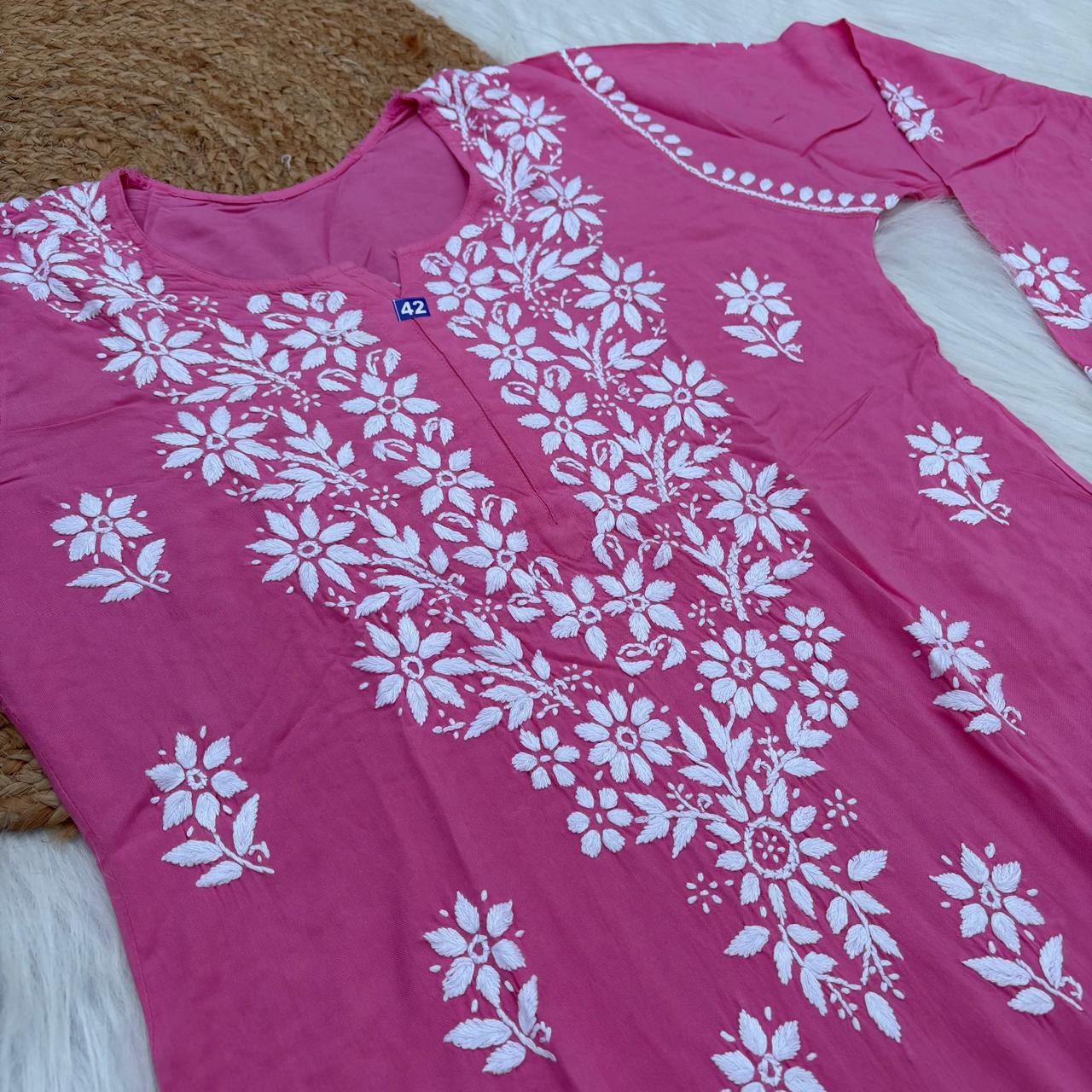 Maya Rayon Chikankari Kurti Plazo Set - Pink Colour