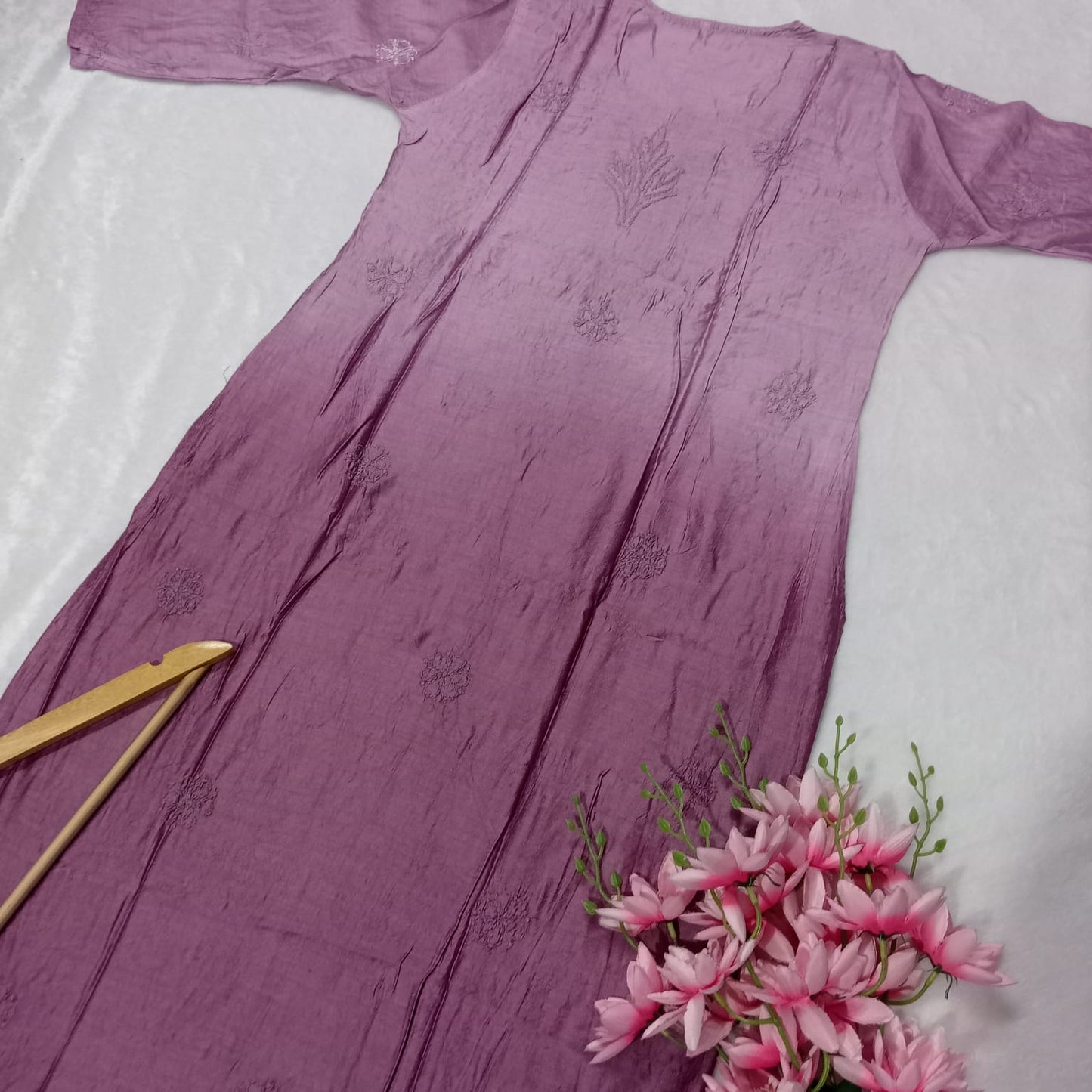 SOFT CHANDERI DUAL SHADED CHIKANKARI KURTI - WINE COLOR - Chikankaar