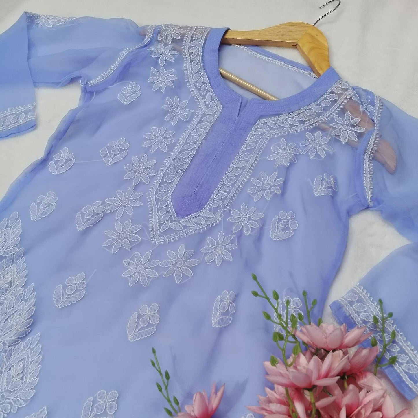 GRACEFUL GEORGETTE CHIKANKARI CROSS PANEL KURTI WITH INNER - PURPLE COLOUR - Chikankaar