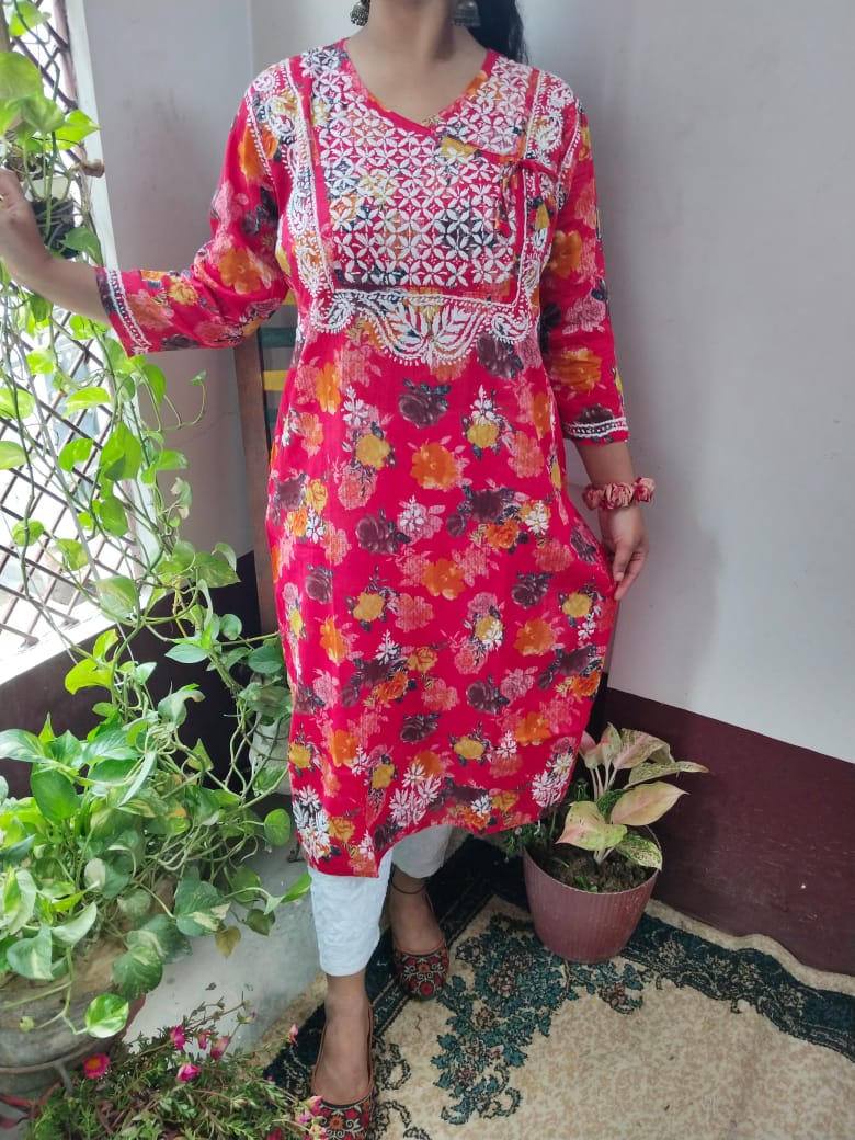 Masooma Mulmul Floral Printed Chikankari Handwork Kurti - Red Colour - Chikankaar