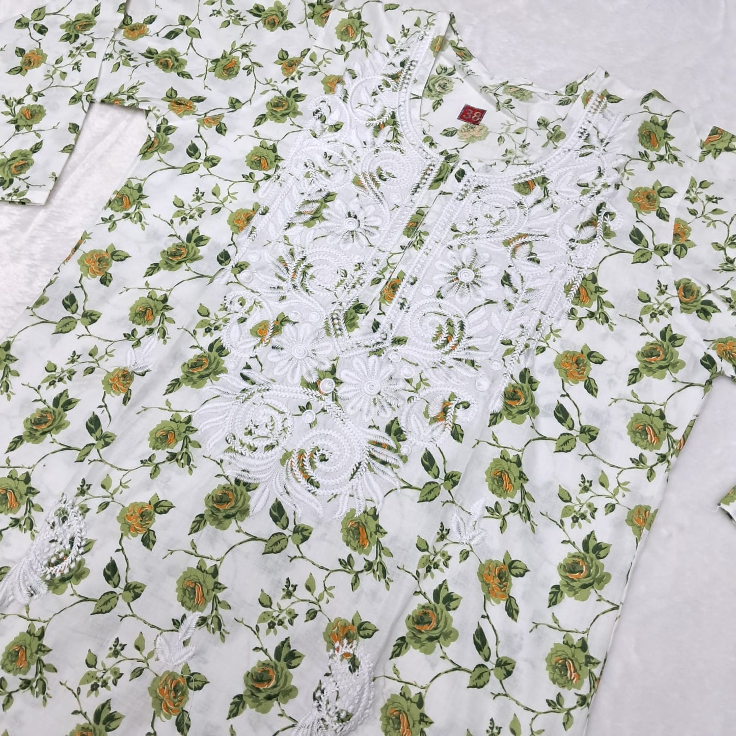 Printed Cotton Chikankari Machine Work Kurti Plazo Set - Green Colour - Chikankaar