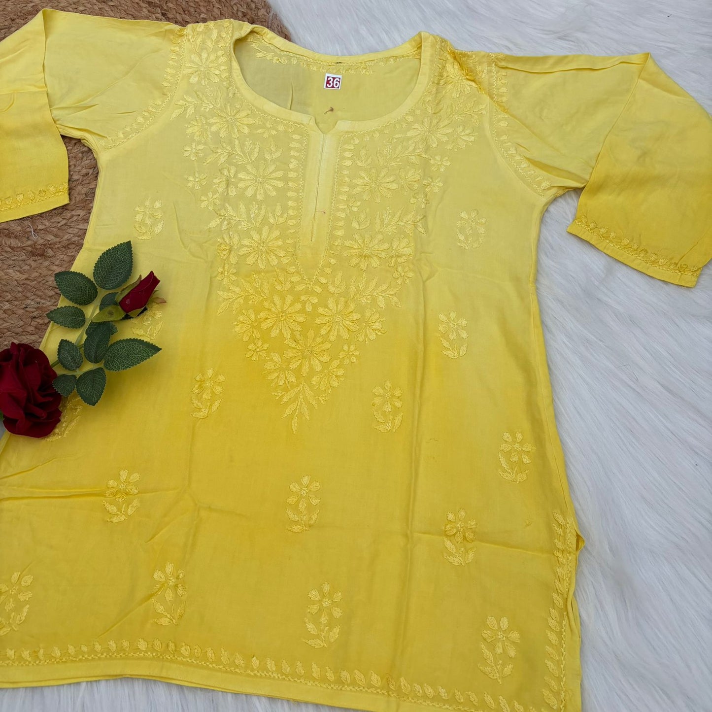 Sofia Ombre Shaded Soft Rayon Chikankari Short Kurti - Yellow Colour - Chikankaar