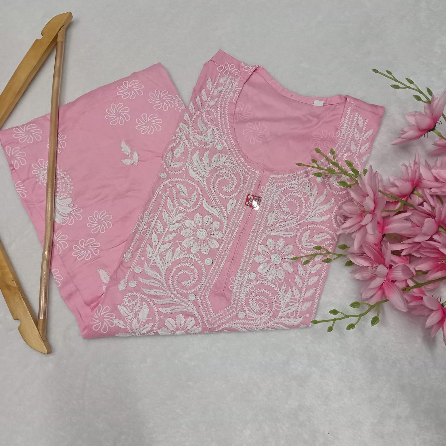 Rayon Chikankari Machine Work Kurti -Pink Colour - Chikankaar