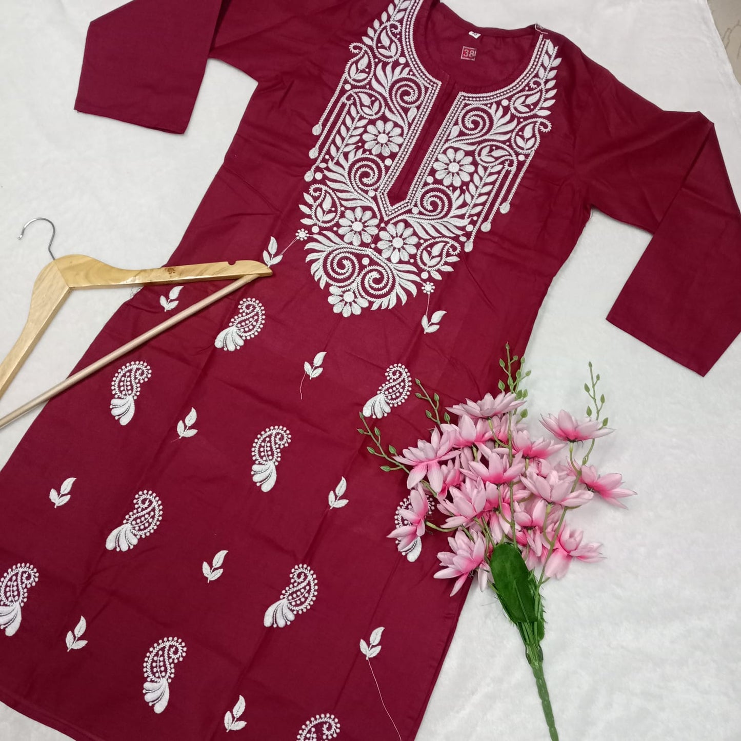 Cotton Machine Work Chikankari Kurti - Maroon Colour - Chikankaar