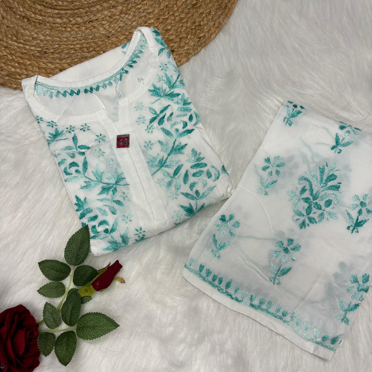 Aleena Rayon Chikankari Kurti Plazo Set - White Sea Green color - Chikankaar