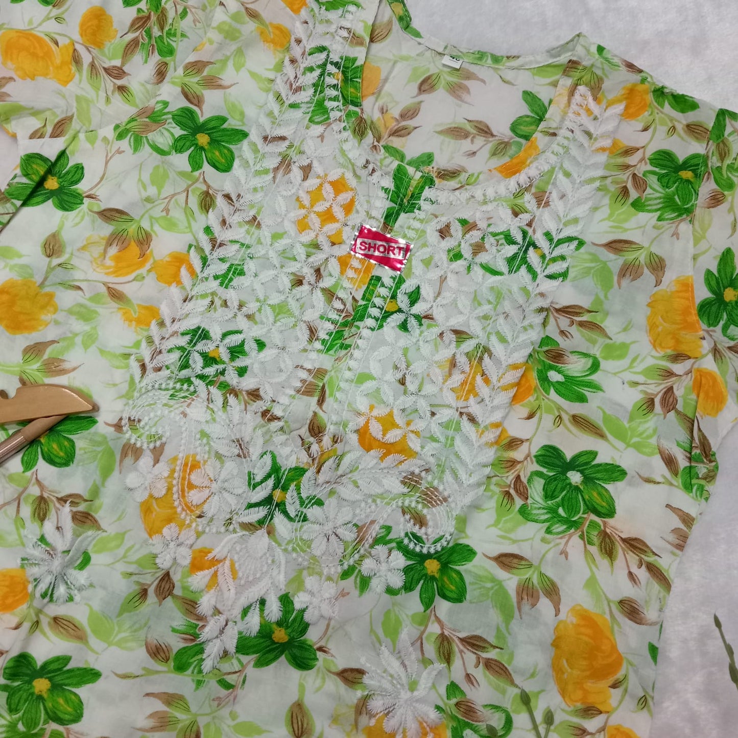 Mulmul Cotton Chikankari Short Kurti - Green Colour - Chikankaar