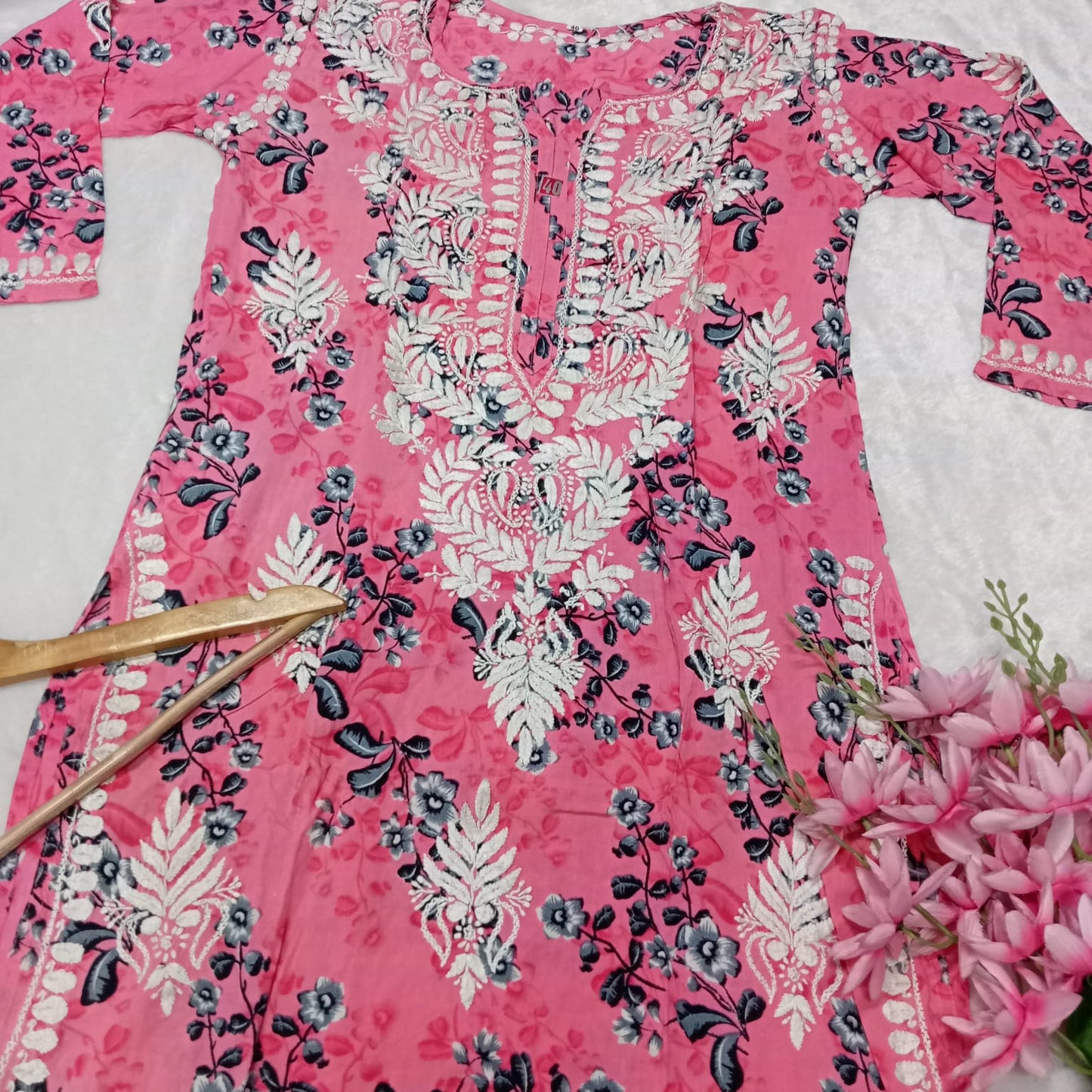 Soft Modal Floral Printed Chikankari Handwork Kurti - Pink Colour - Chikankaar