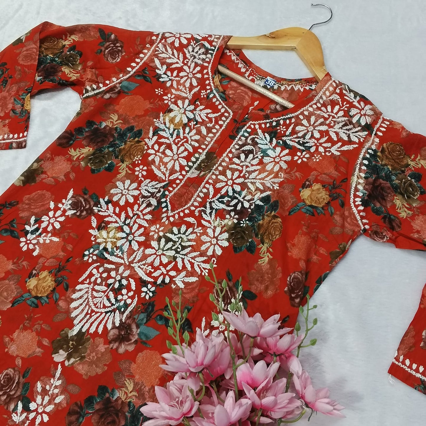 Dhanashree Inspired Mulmul Floral Printed Chikankari Handwork Kurti - Red Colour - Chikankaar