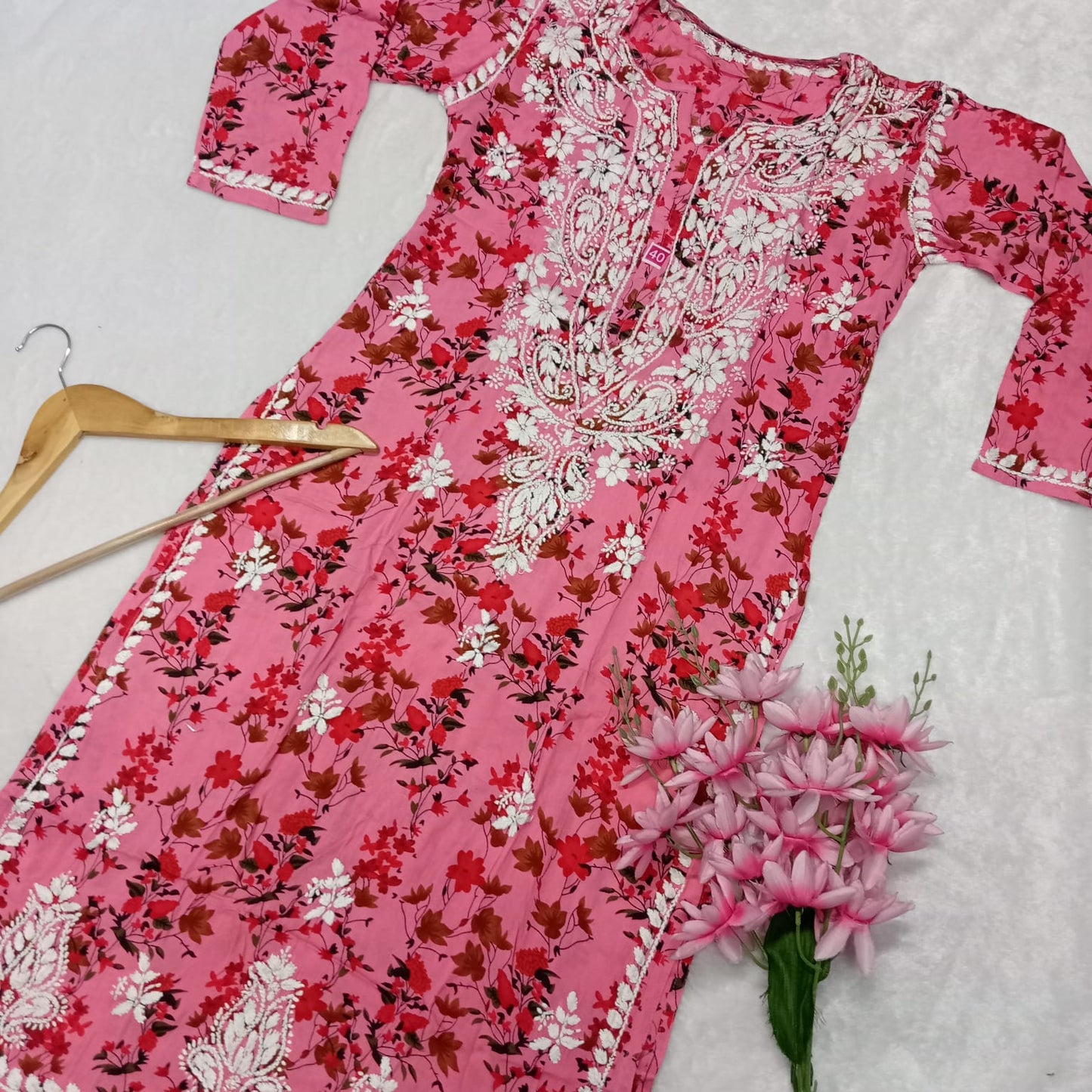 Soft Modal Floral Printed Chikankari Handwork Kurti - Pink Colour - Chikankaar