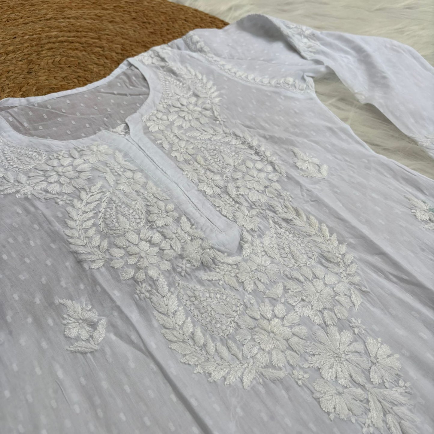 Vani Dobby Cotton Chikankari Kurti - White Colour