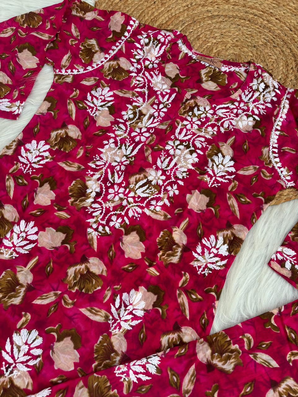 Elena Mulmul Cotton Handwork Chikankari Kurti Set - Rani Colour