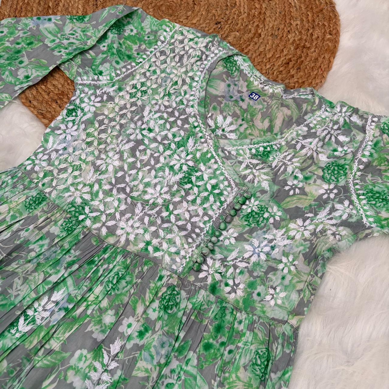 Zainab Pure Mulmul Cotton Gown - Green Colour - Chikankaar