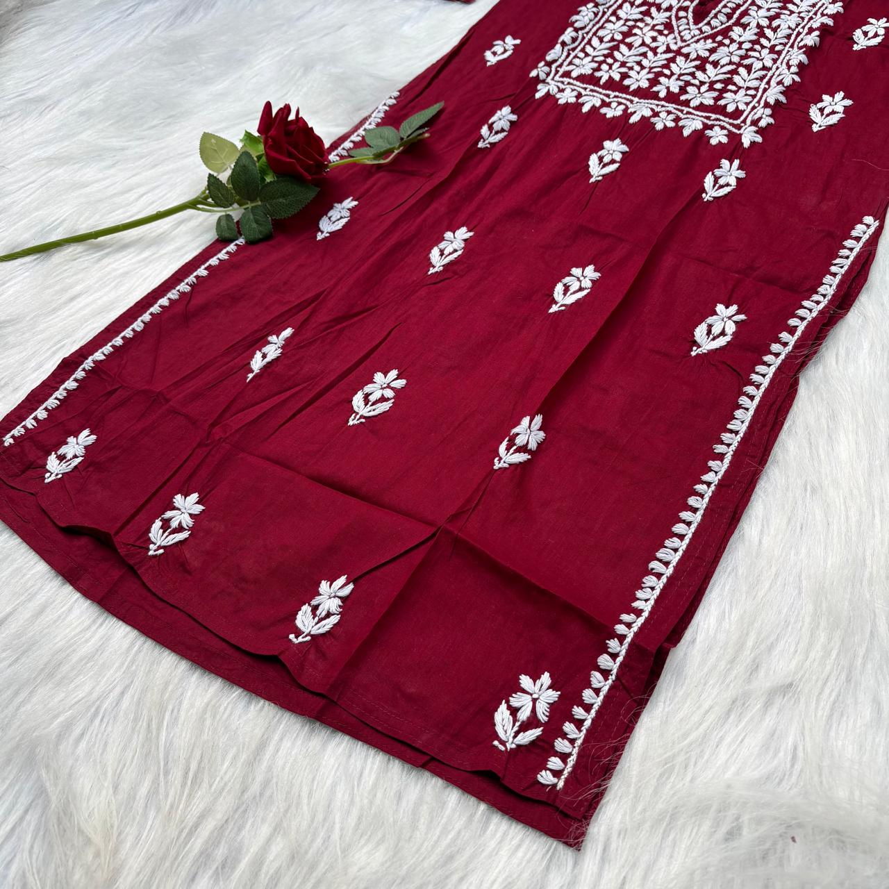 Shanaya Pure Cotton Chikankari Kurti Maroon Colour