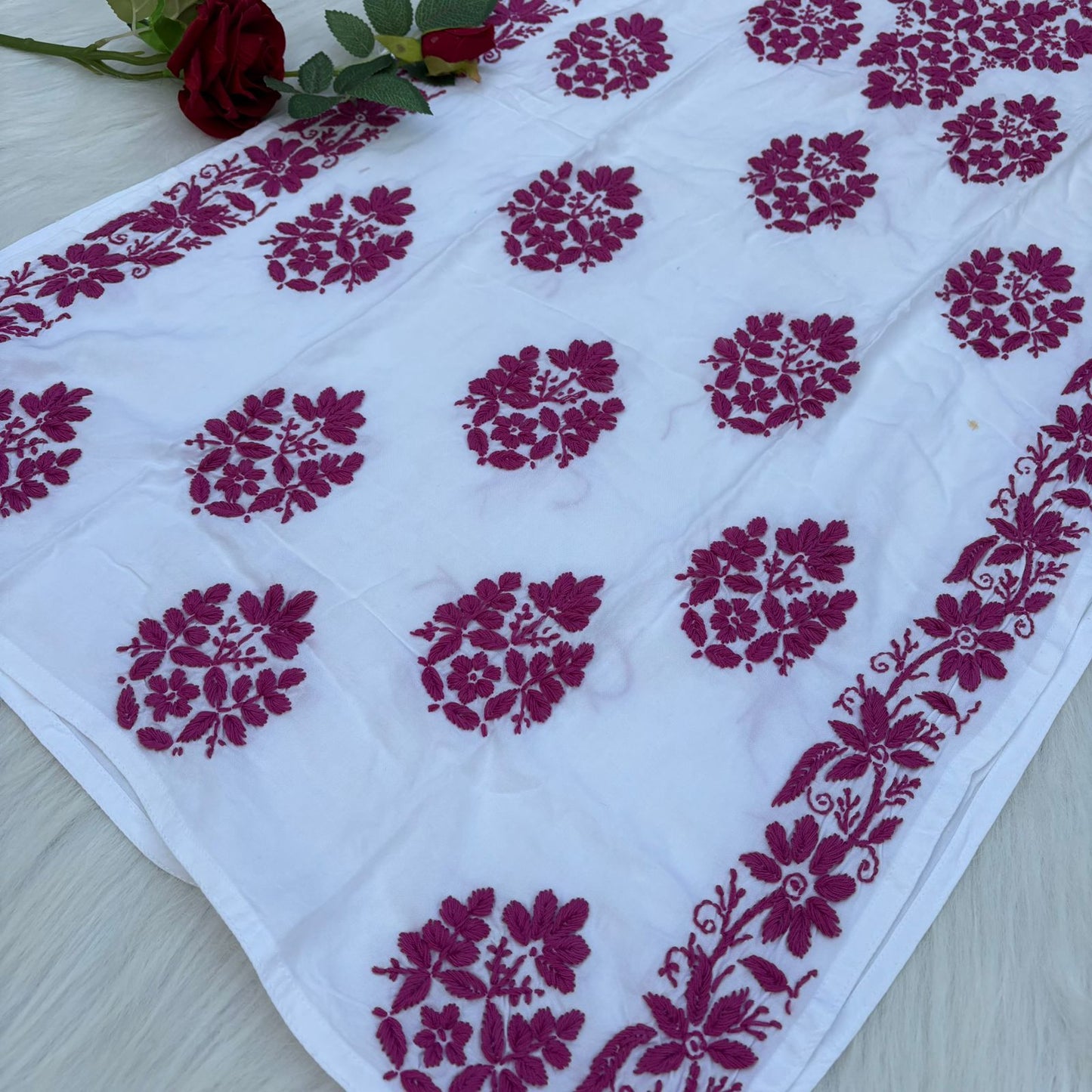 Amira Soft Rayon Chikankari Kurti - Rani on White Color - Chikankaar