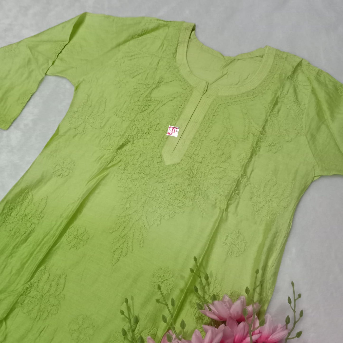 Soft Chanderi Dual Shaded Chikankari Kurti -Green Color - Chikankaar
