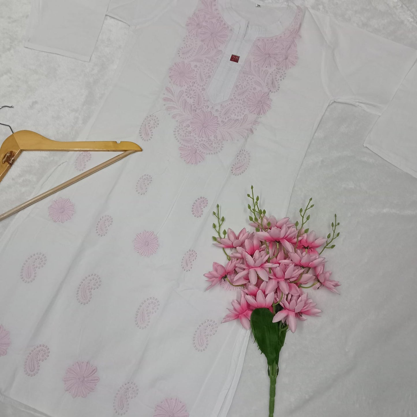 Pure Cotton Chikankari Machine Work Kurti - White Pink Color - Chikankaar