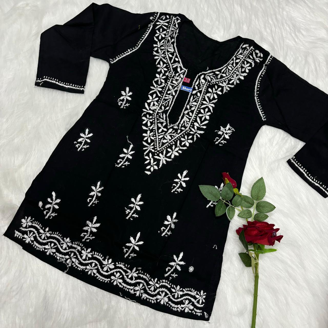 Ziya Pure Cotton Chikankari Short Top- Black Colour - Chikankaar