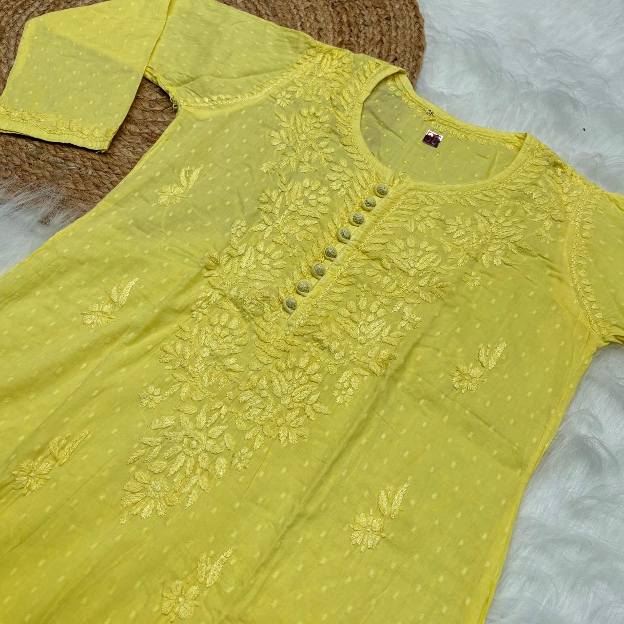 Adaah Ombre Shaded Dobby Cotton Chikankari Kurti -Yellow - Chikankaar