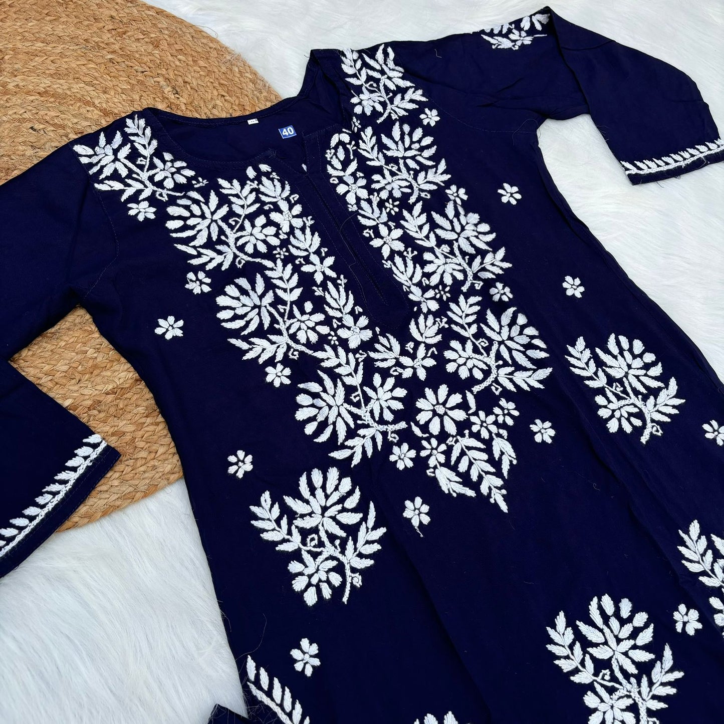 Jannat Soft Rayon Chikankari Kurti Plazo Set - Navy Blue colour - Chikankaar