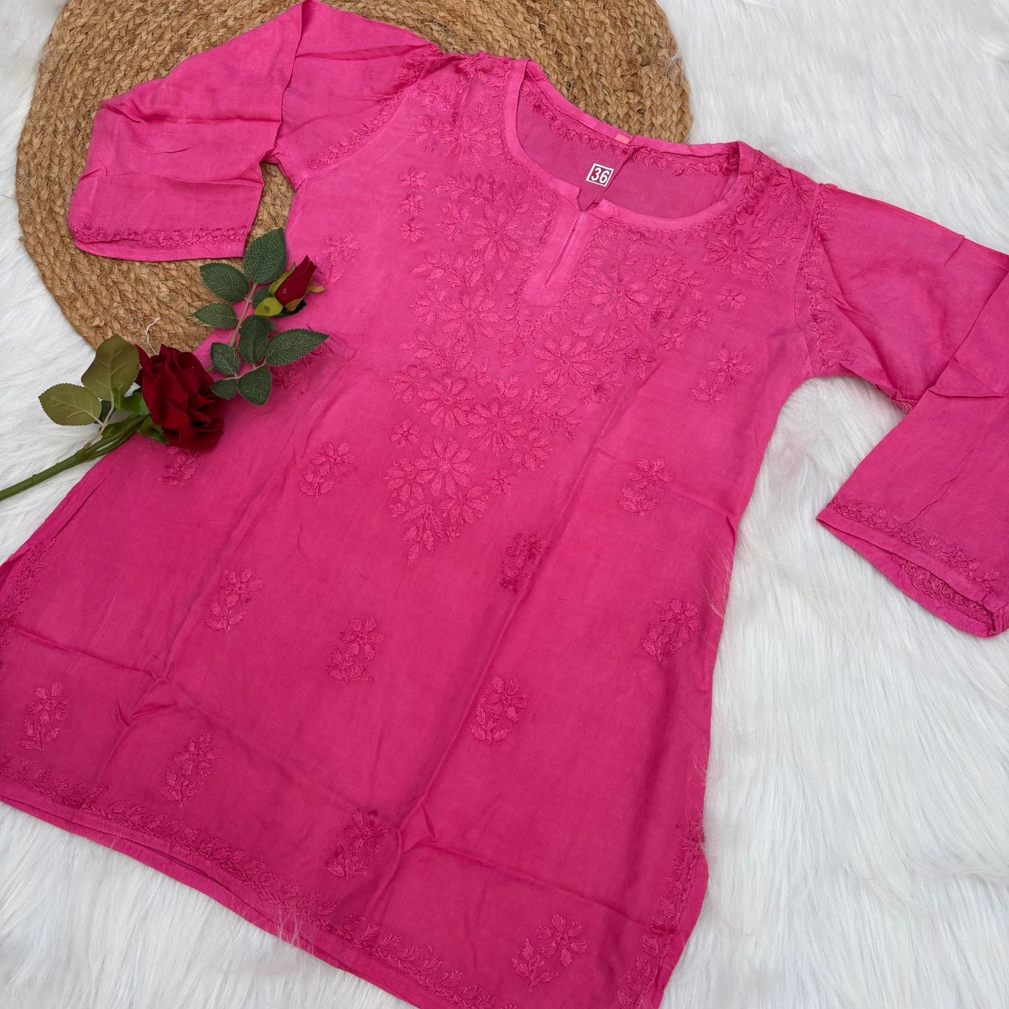 Sofia Ombre Shaded Soft Rayon Chikankari Short Kurti - Dark Pink Colour - Chikankaar