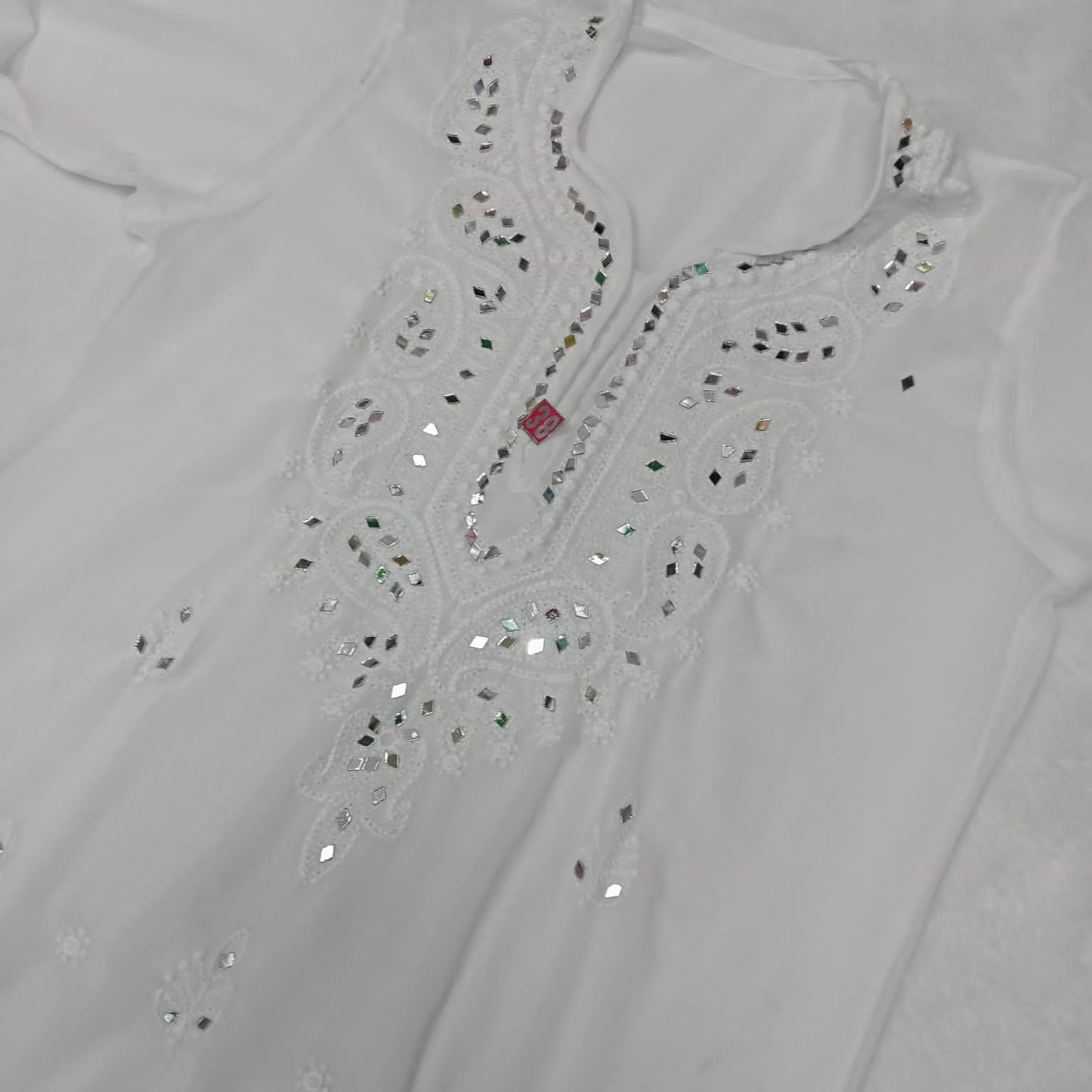 Georgette Mirror Work Chikankari Machine Work Kurti With Inner -White Colour - Chikankaar