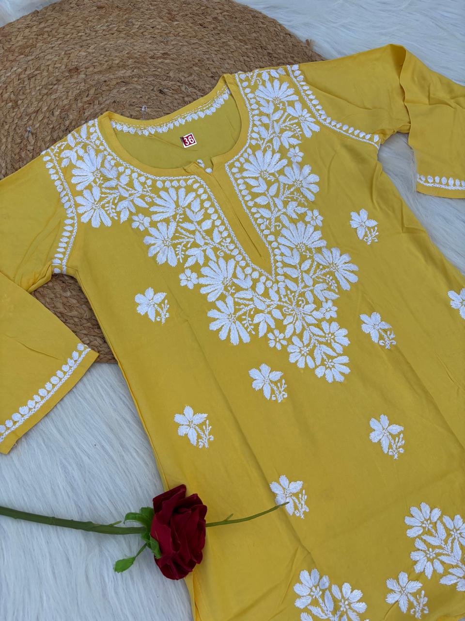Ina Soft Rayon Handwork Chikankari Short Kurti - Yellow Colour