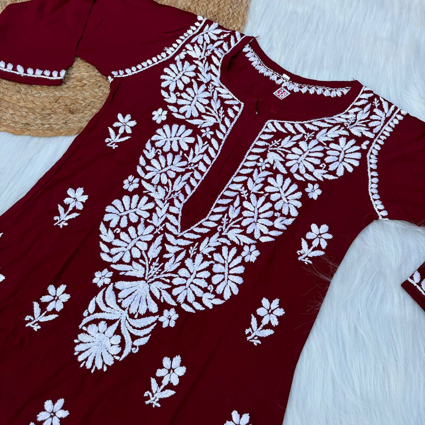 Hiba Soft Rayon Chikankari Kurti - Maroon Colour - Chikankaar