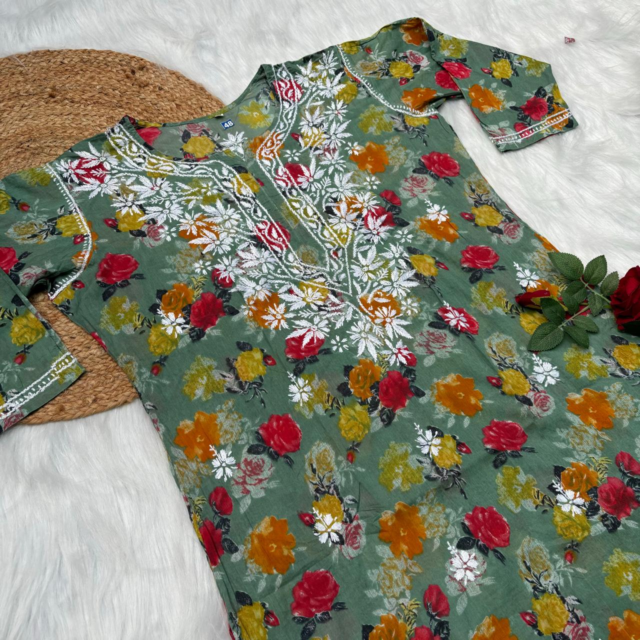 Plus size special-Dhanashree Inspired Mulmul Floral Printed Chikankari Handwork Kurti- Dark Green Colour - Chikankaar