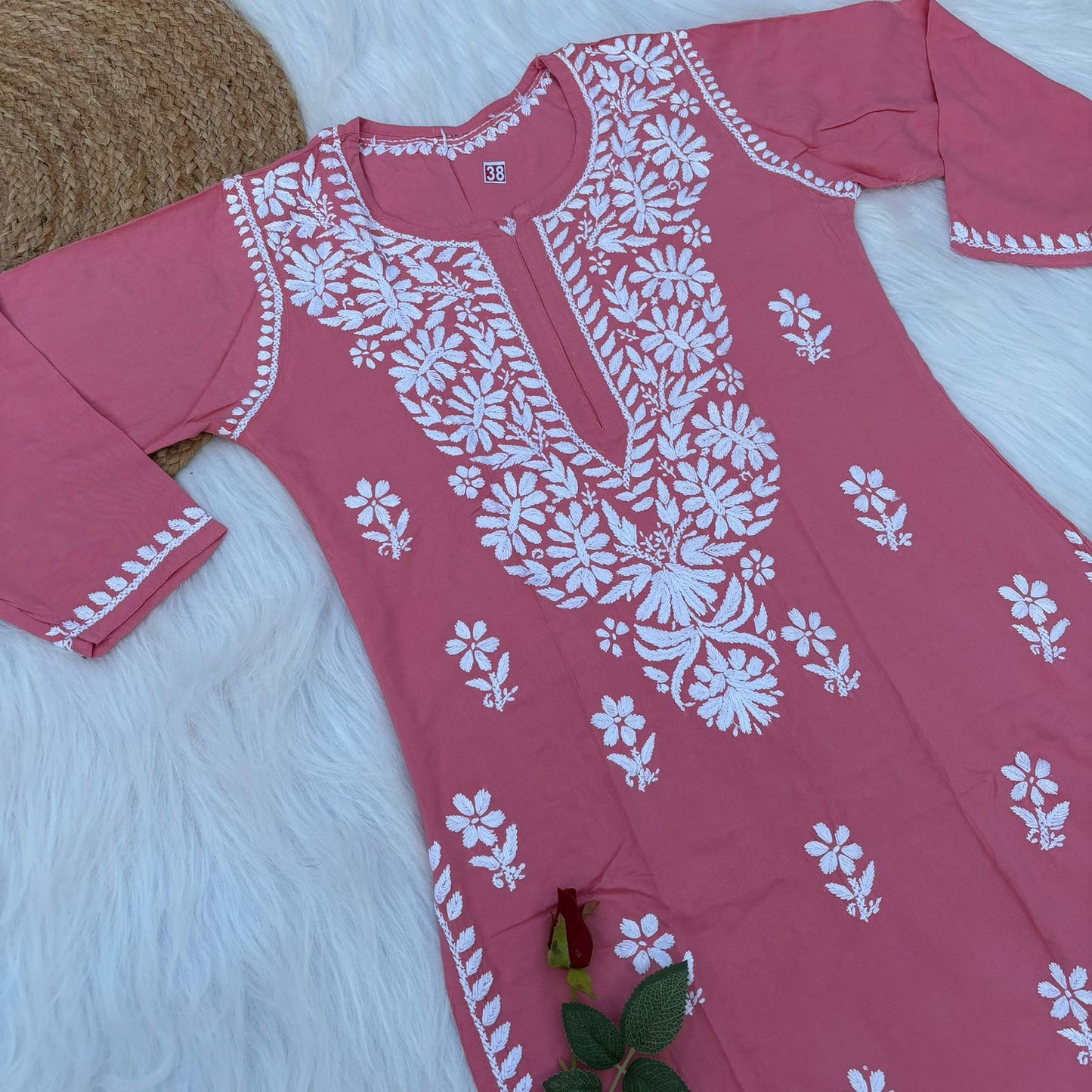 Hiba Soft Rayon Chikankari Kurti - Peach Colour - Chikankaar