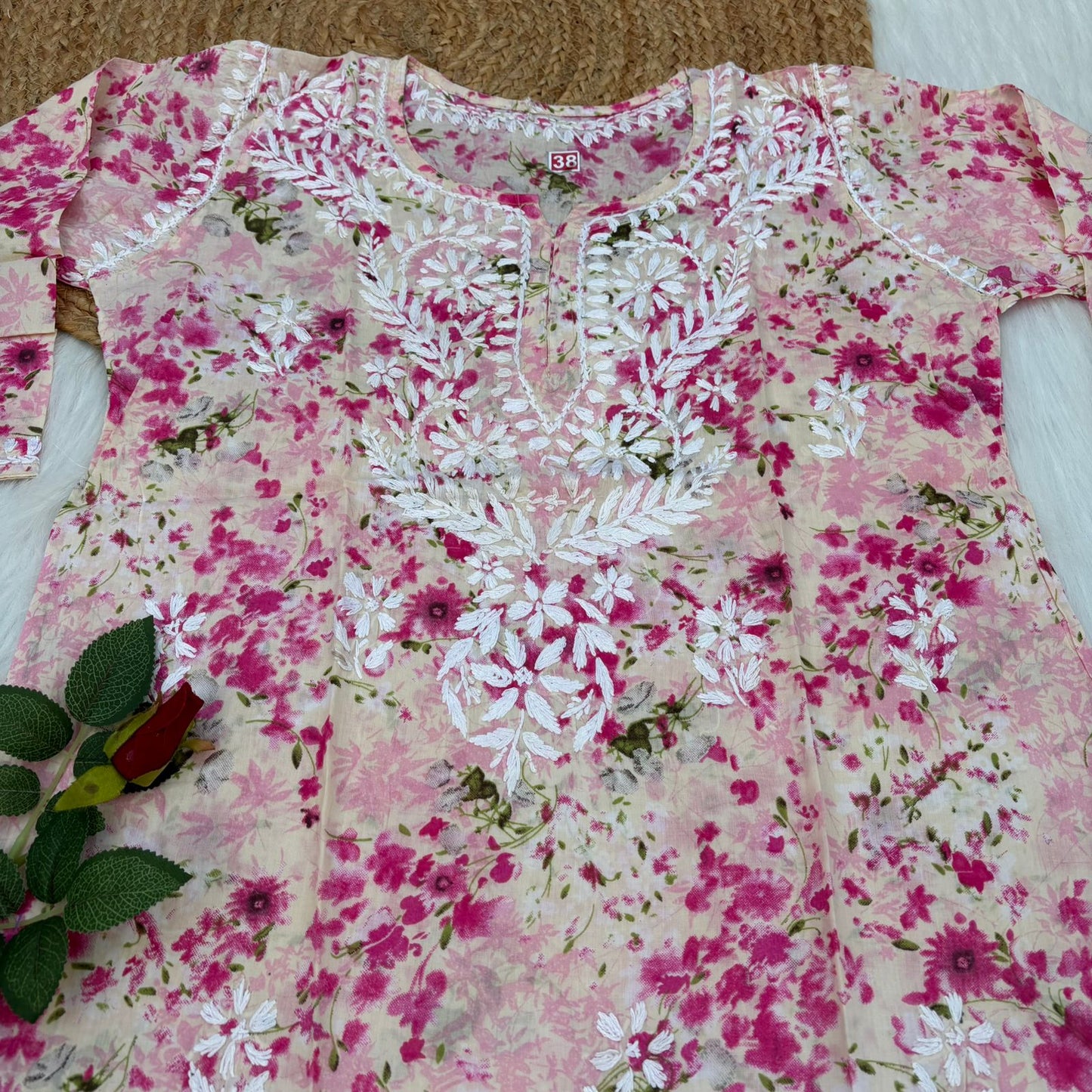 Nura Pure Mulmul Cotton Short Kurti - Pink Colour - Chikankaar