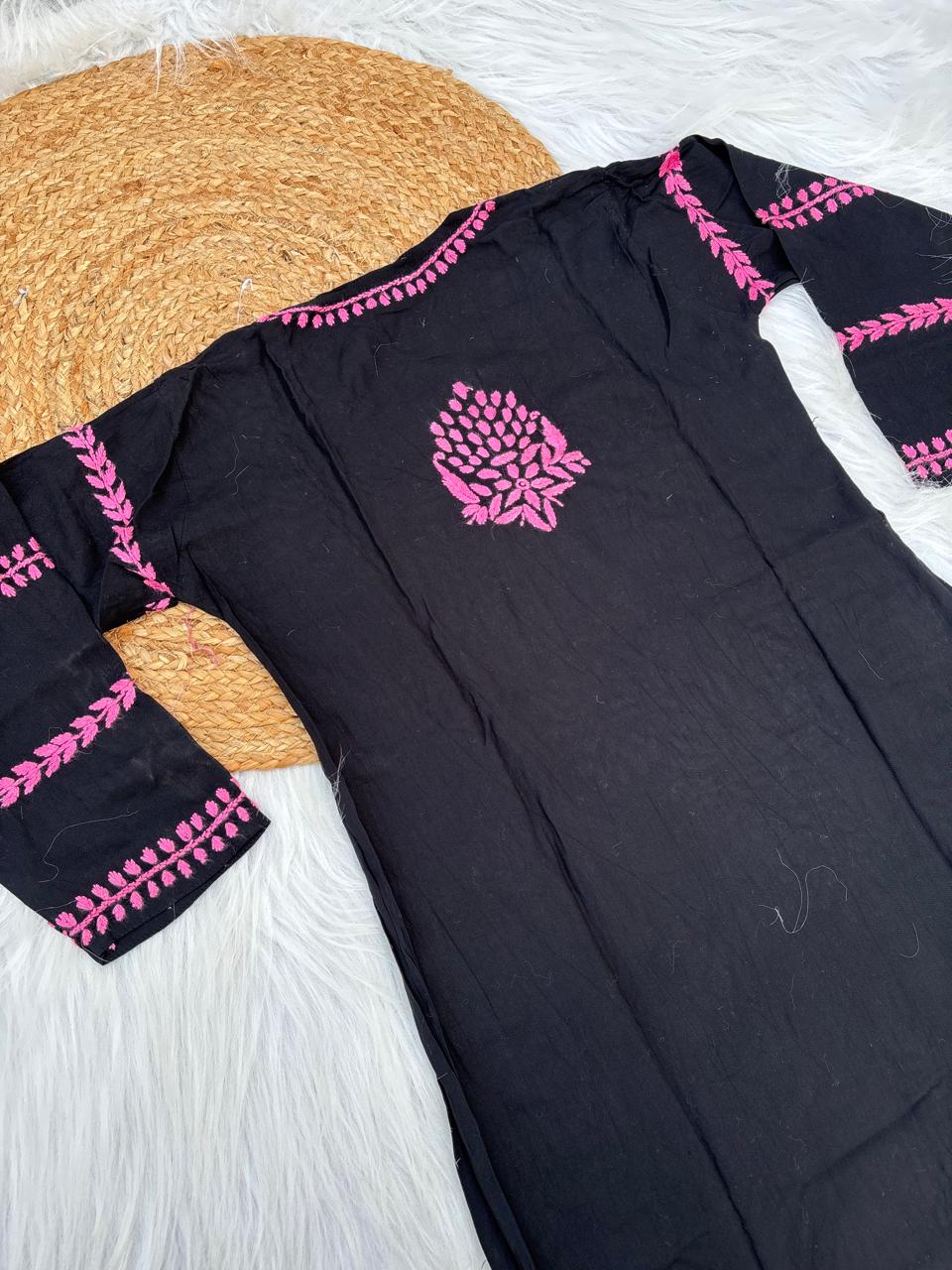Shifa Soft Rayon Lucknowi Chikankari Kurti - Black Dark Pink Color