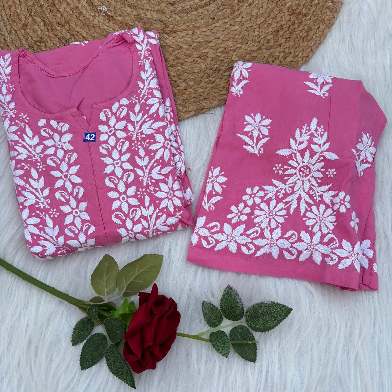 Maya Rayon Chikankari Kurti Plazo Set - Pink Colour