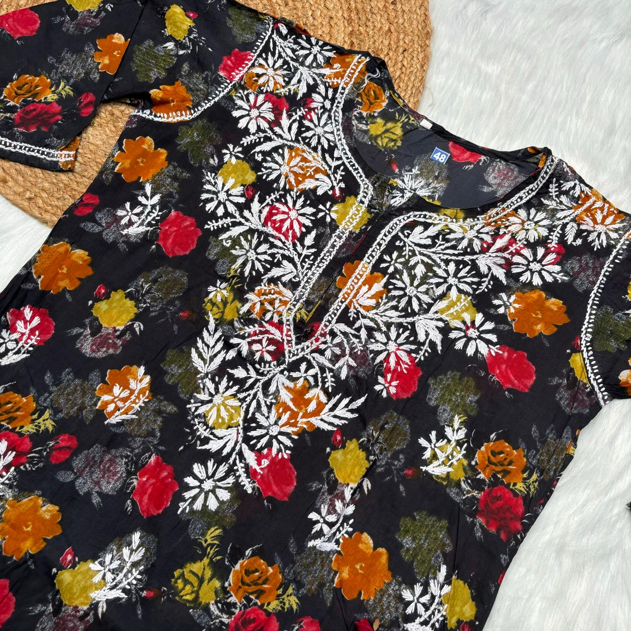 Plus size special-Dhanashree Inspired Mulmul Floral Printed Chikankari Handwork Kurti -Black Colour - Chikankaar