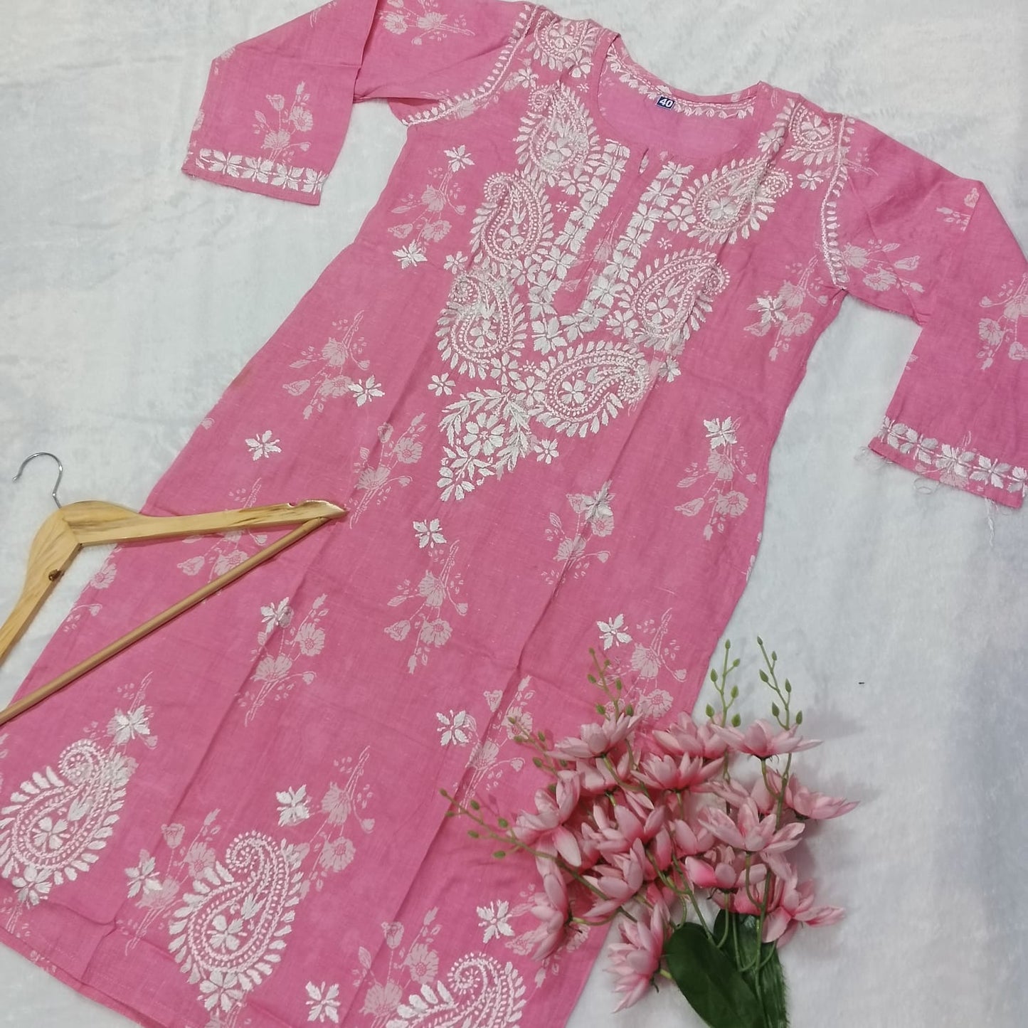 Pure Mulmul Printed Chikankari Kurti -Baby Pink - Chikankaar