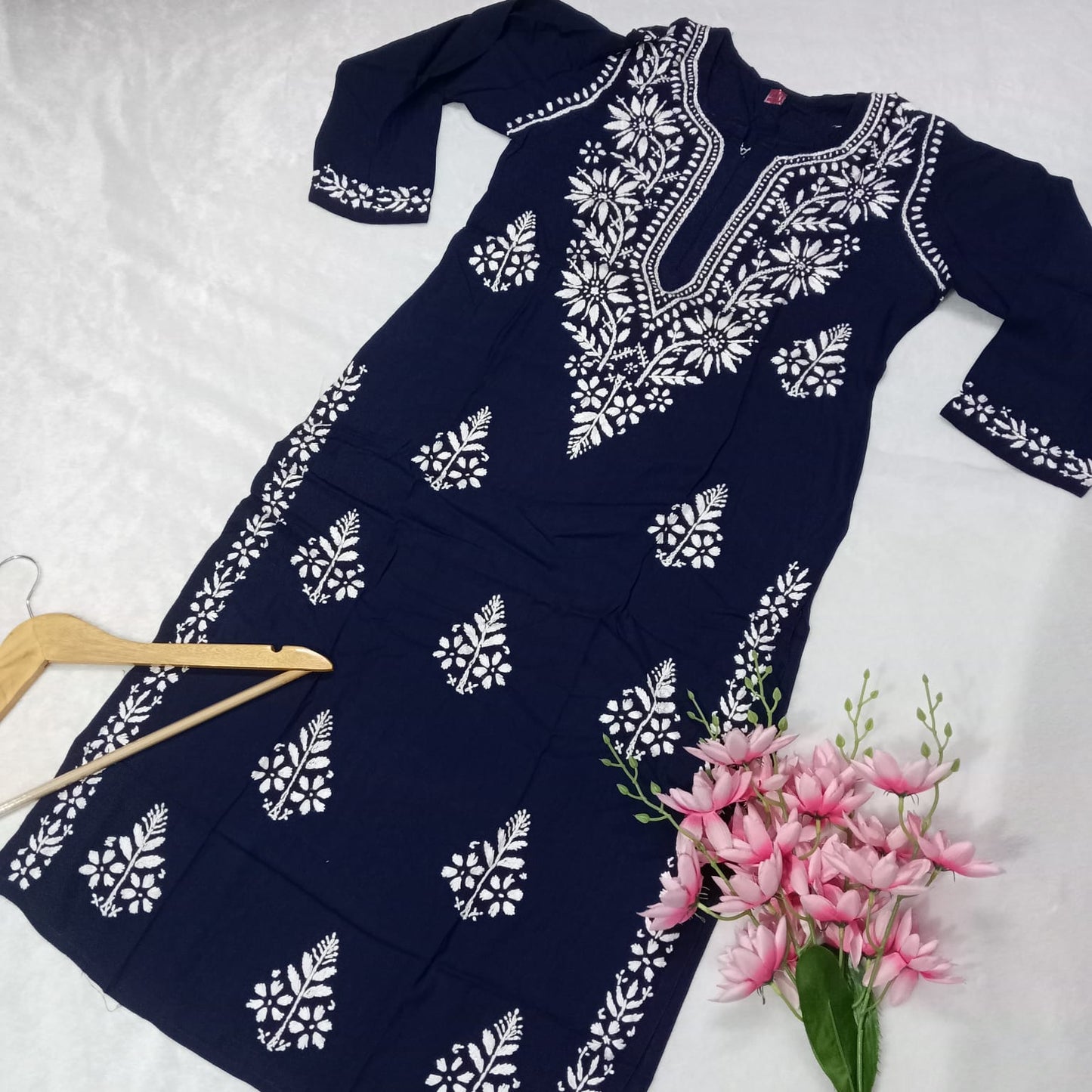 Pure Rayon Chikankari Kurti - Blue Colour - Chikankaar