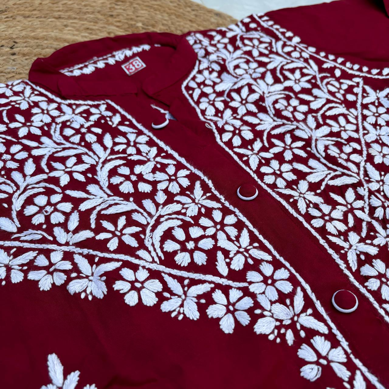 Rihana Rayon Chikankari Short Kurti Plazo Coord Set - Maroon colour - Chikankaar