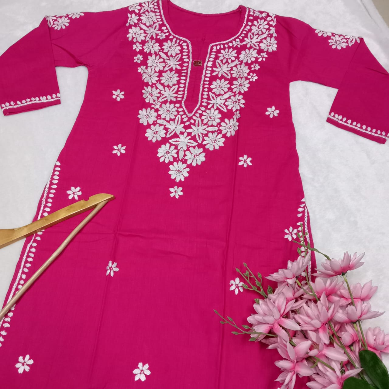 Pure Cotton Chikankari Handwork Kurti - Rani Colour - Chikankaar