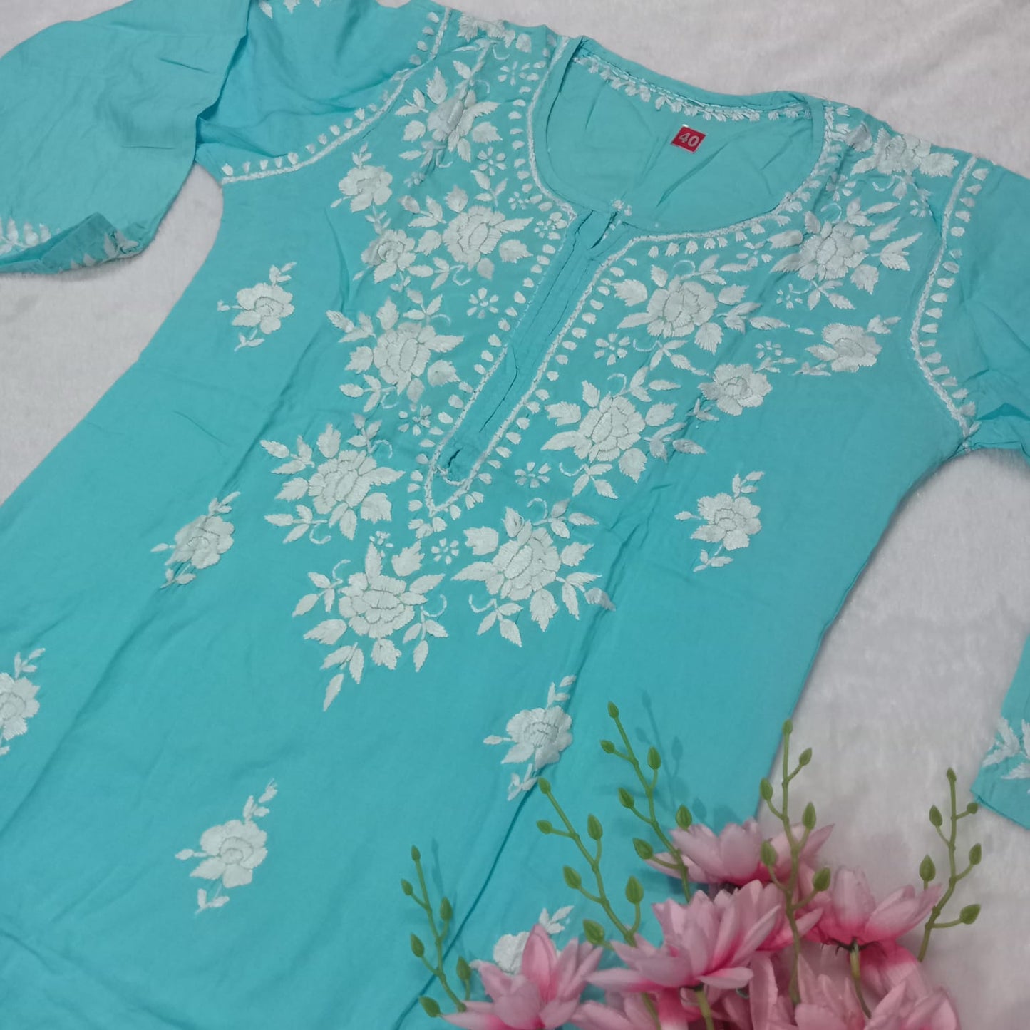 Premium Rose Modal Silk Chikankari Kurti - Sky Blue - Chikankaar