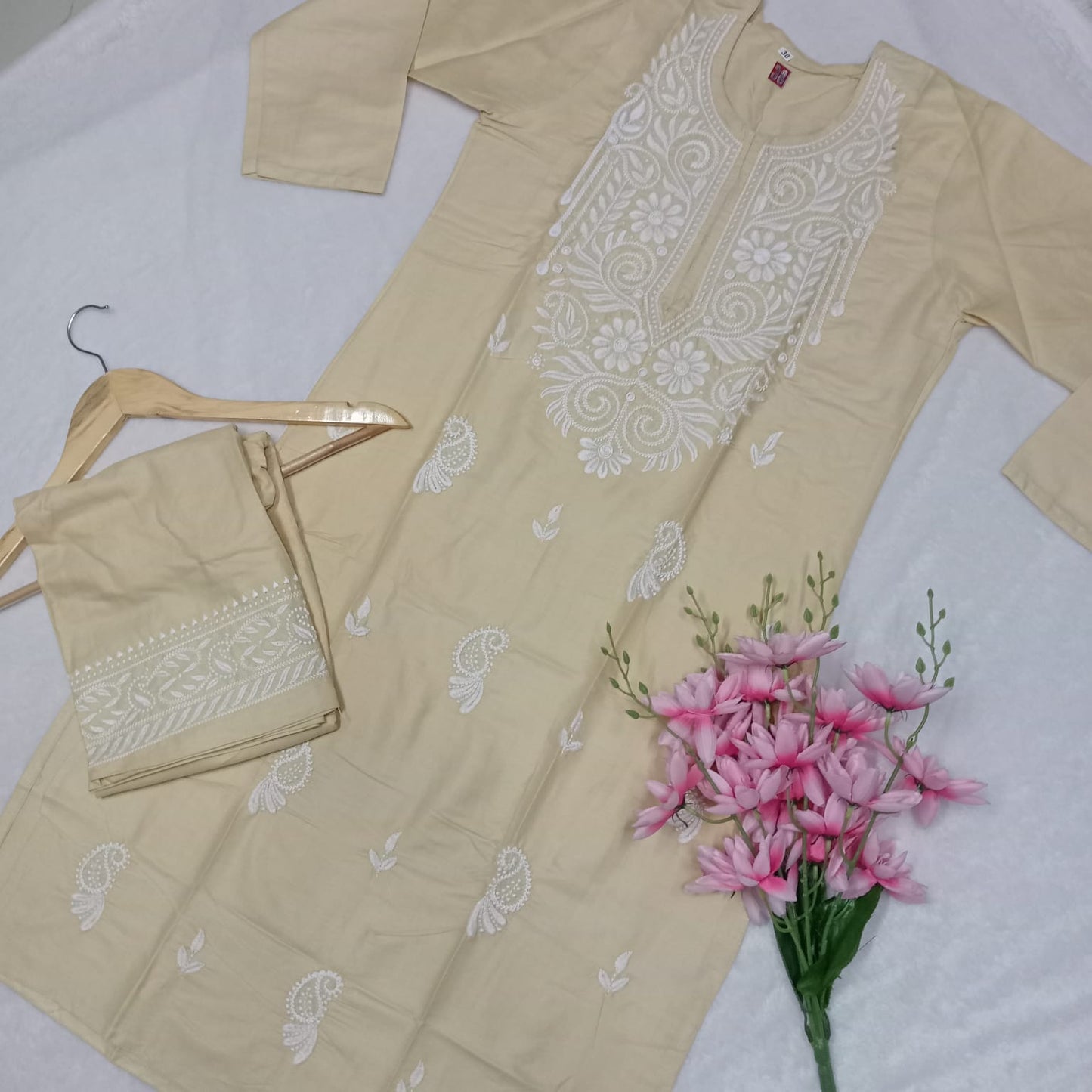 Rayon Chikankari Machine Work Kurti Plazo Set- Skin Colour - Chikankaar