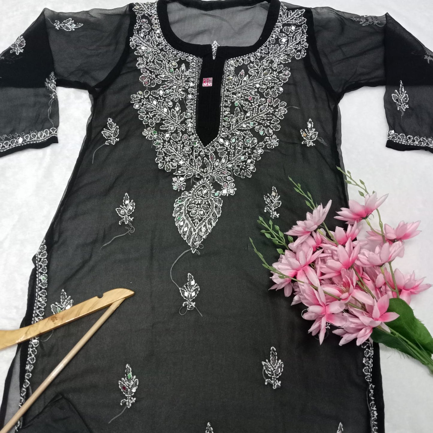 Georgette Mirror Work Chikankari Kurti With Inner - Black Colour - Chikankaar
