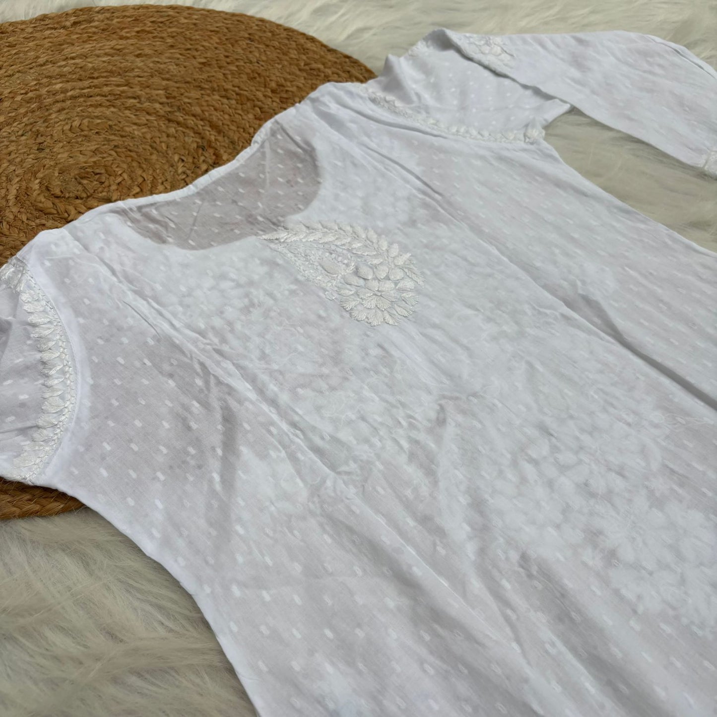 Vani Dobby Cotton Chikankari Kurti - White Colour