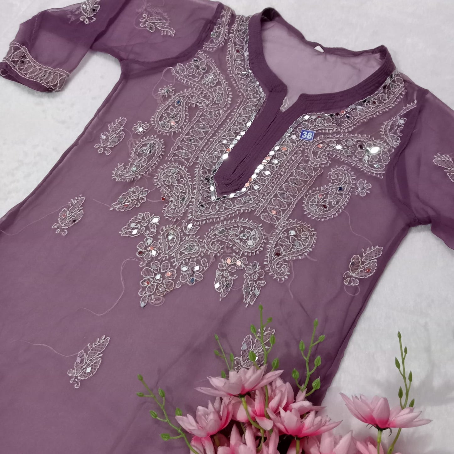 Georgette Mirror Work Chikankari Kurti With Inner- Light Mauve Colour - Chikankaar