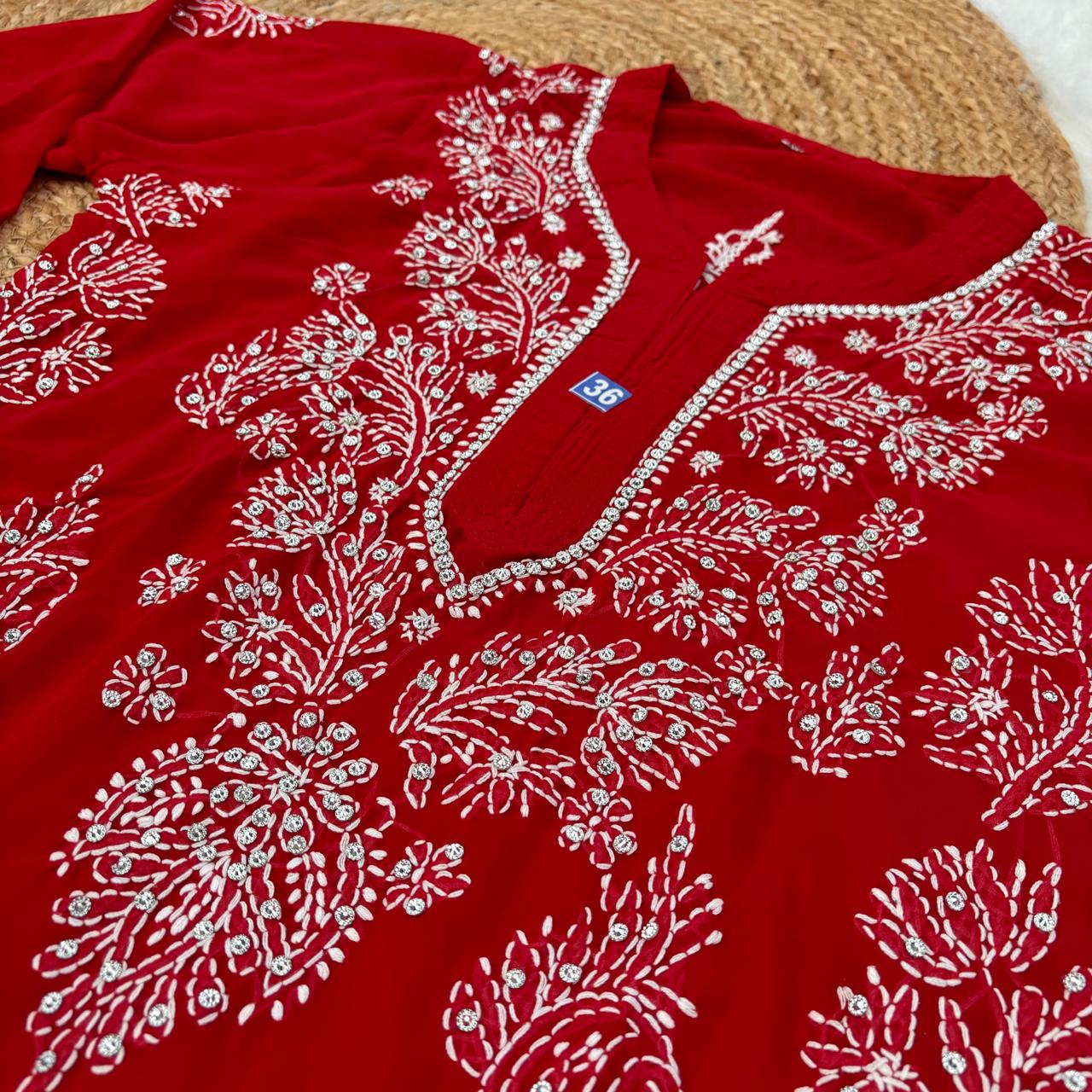 Stone Work Georgette Chikankari Kurti - Red Colour - Chikankaar