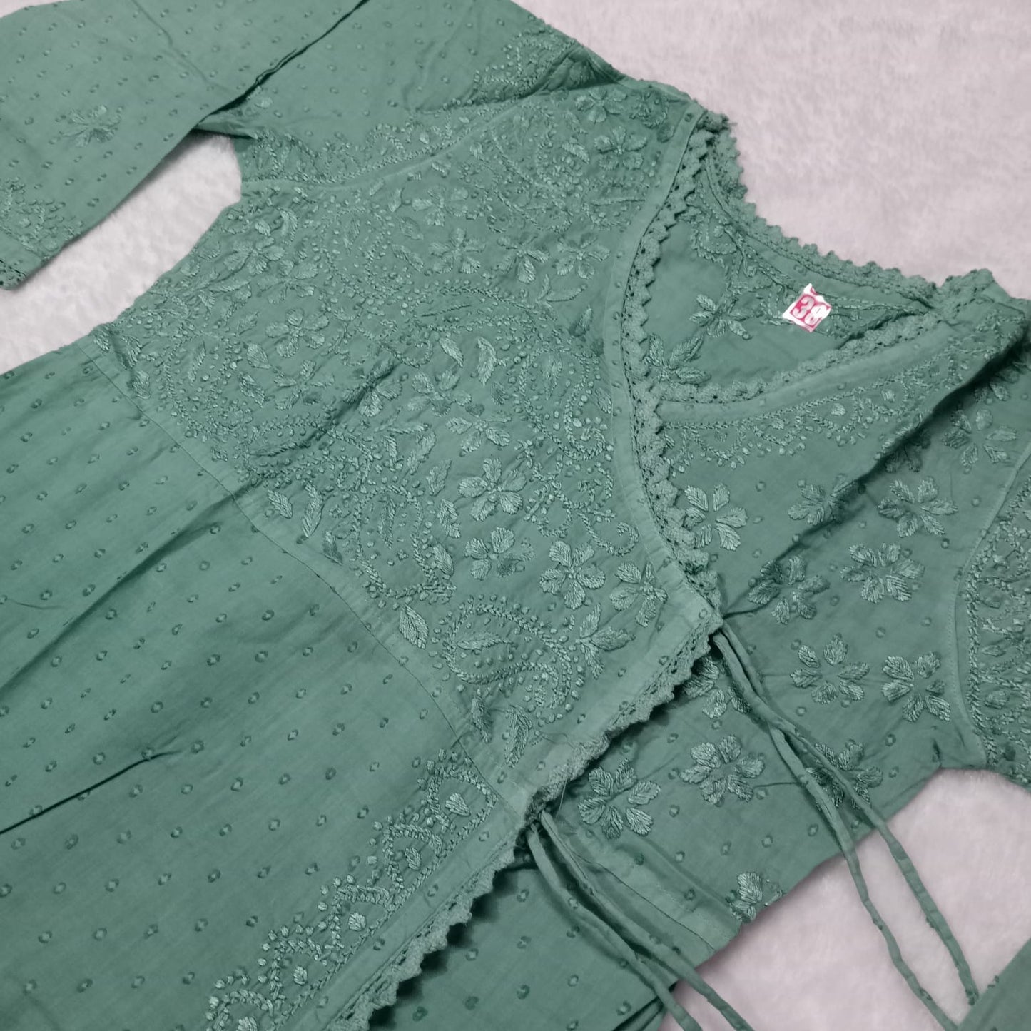Ombre Shaded Dobby Cotton Chikankari Angarakha -Dark Green Colour - Chikankaar