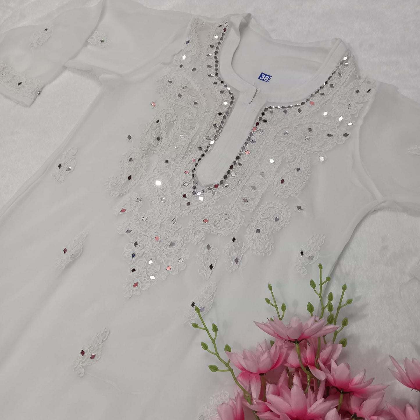 GEORGETTE MIRROR WORK CHIKANKARI KURTI WITH INNER- WHITE COLOUR - Chikankaar
