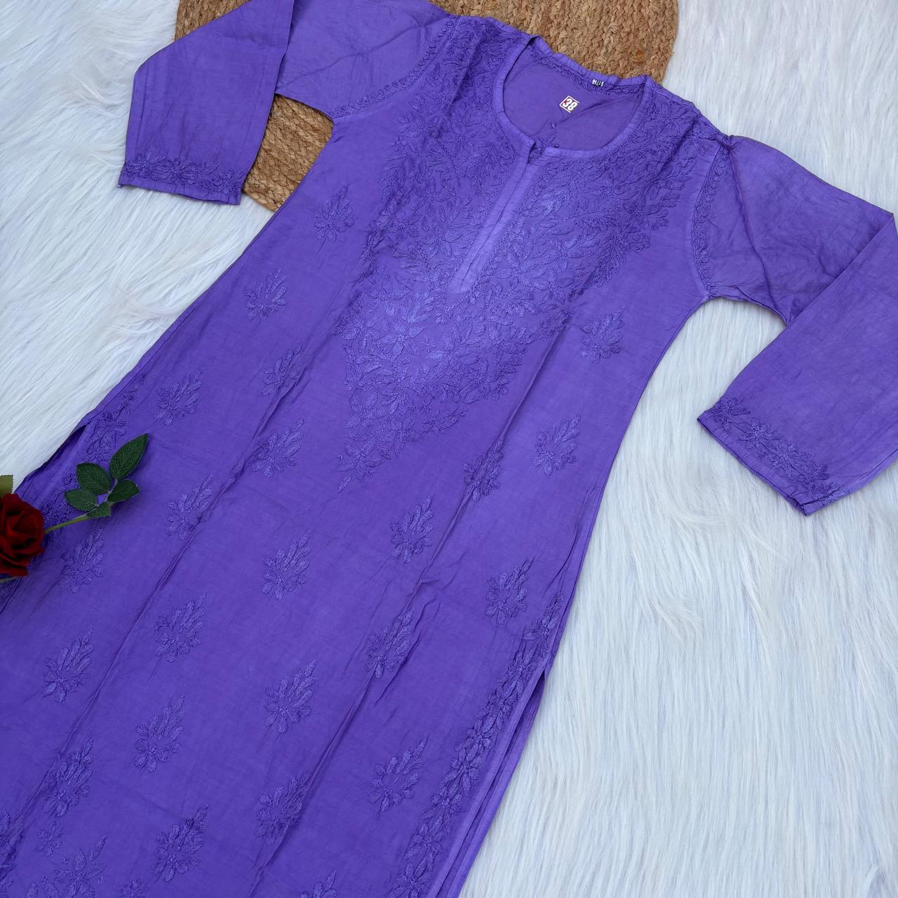Zooni Chanderi Lucknowi Chikankari Dyed Kurti- Purple colour