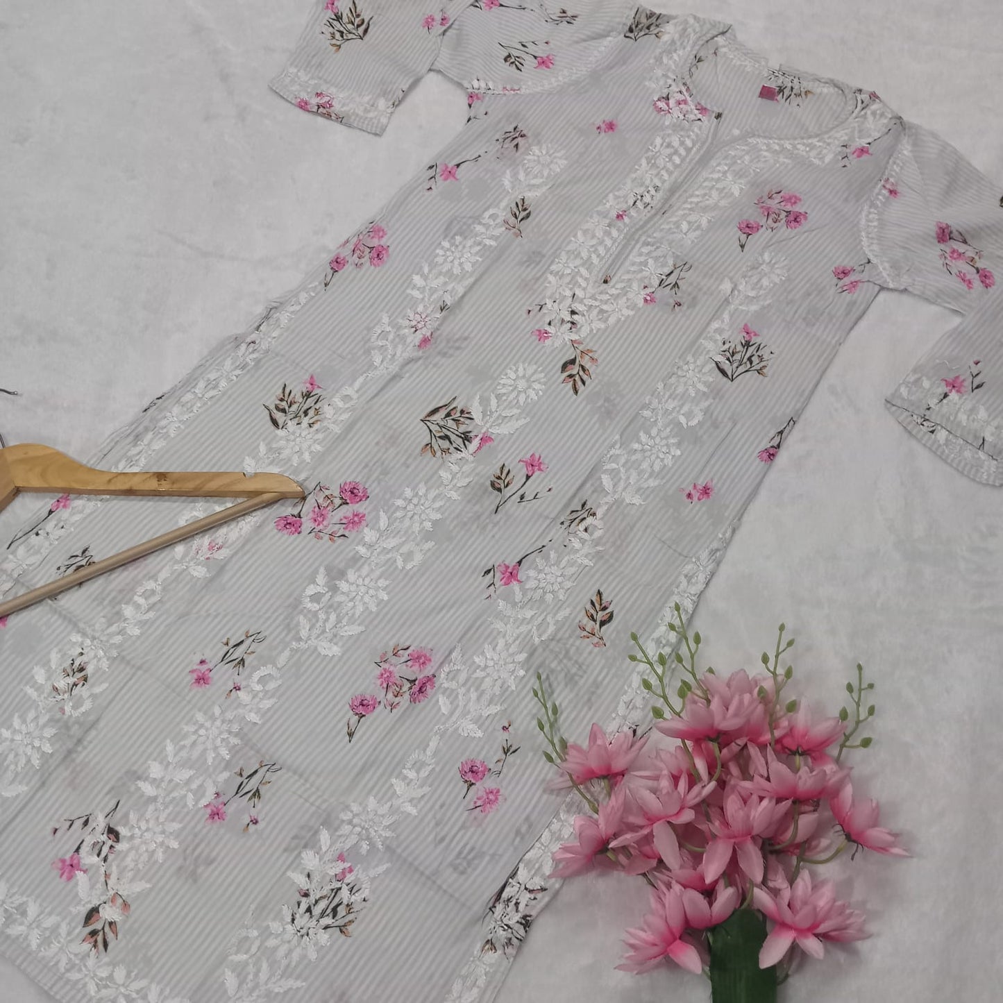 PURE MULMUL HEAVY CHIKANKARI WORK KURTI -GREY COLOUR - Chikankaar
