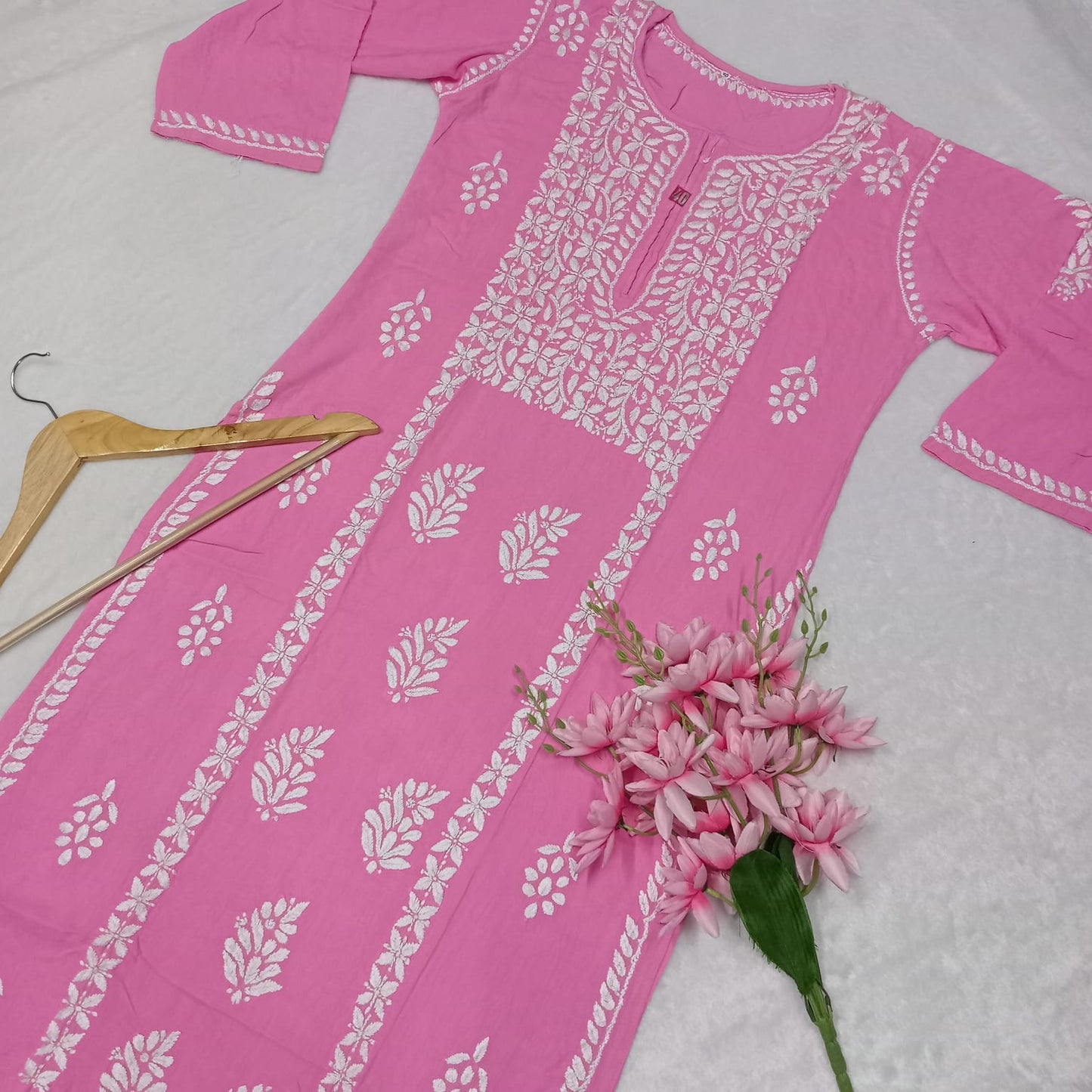 Soft Rayon Heavy Chikankari Panel Work Kurti -Pink Colour - Chikankaar