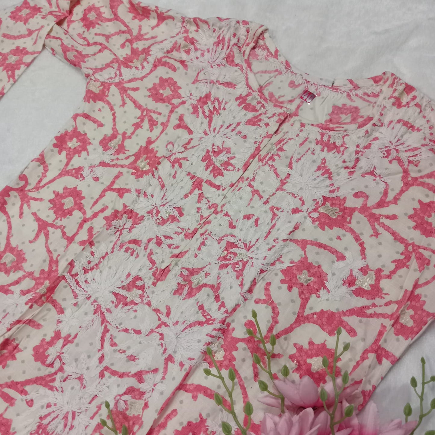Modal Slub Chikankari Lotus Work Kurti - Gazri Colour - Chikankaar