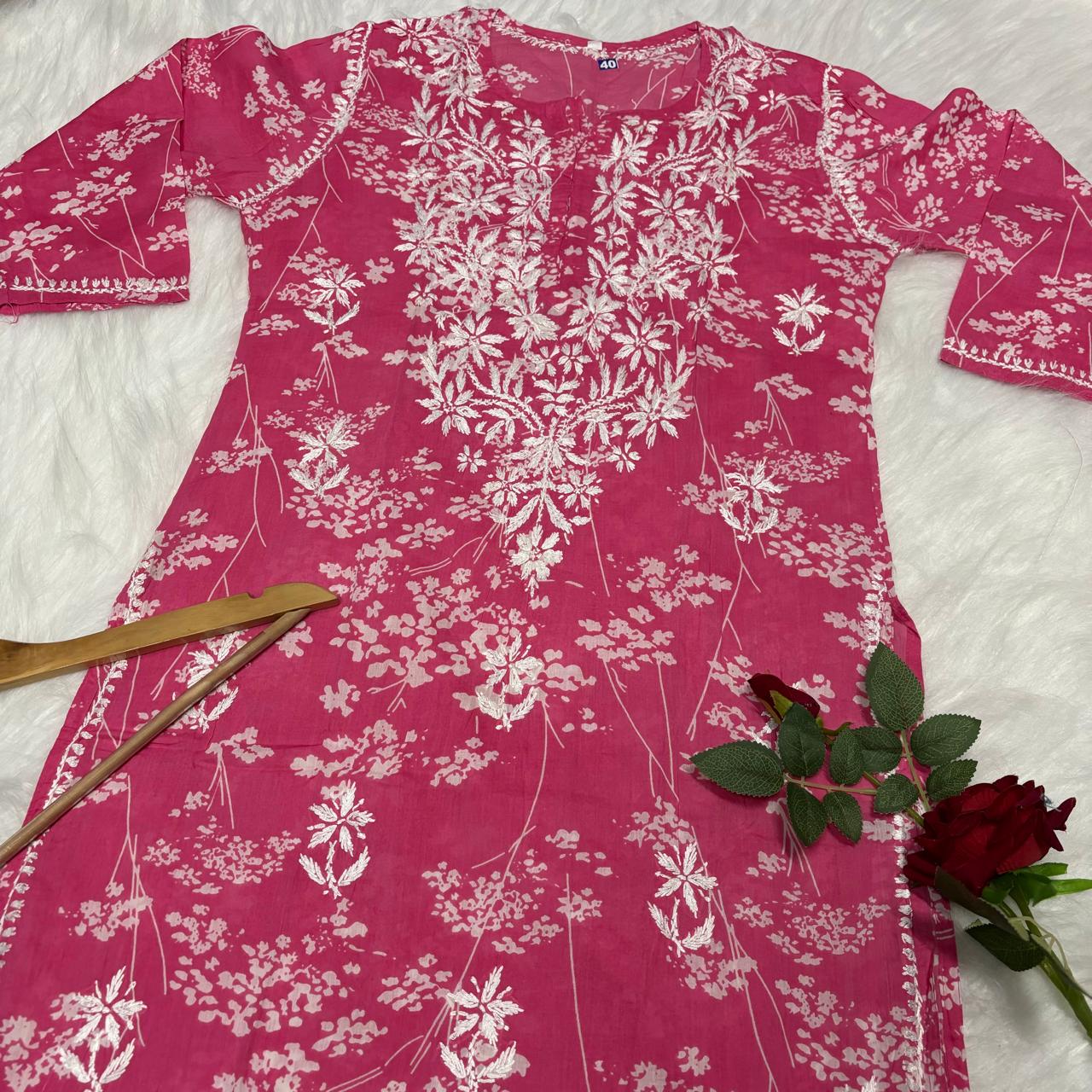 Mahira Sharma Inspired Pure Mulmul Printed Chikankari Handwork Kurti - Pink Colour - Chikankaar